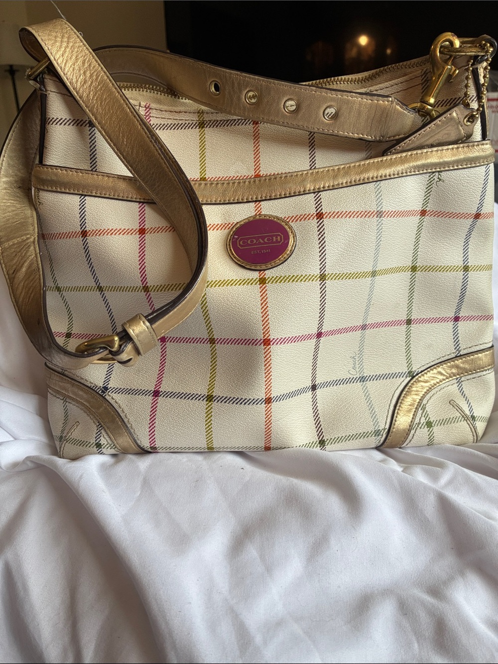 Vintage Coated Leather Coach Cream Plaid Shoulder Bag with Gold Leather Trim